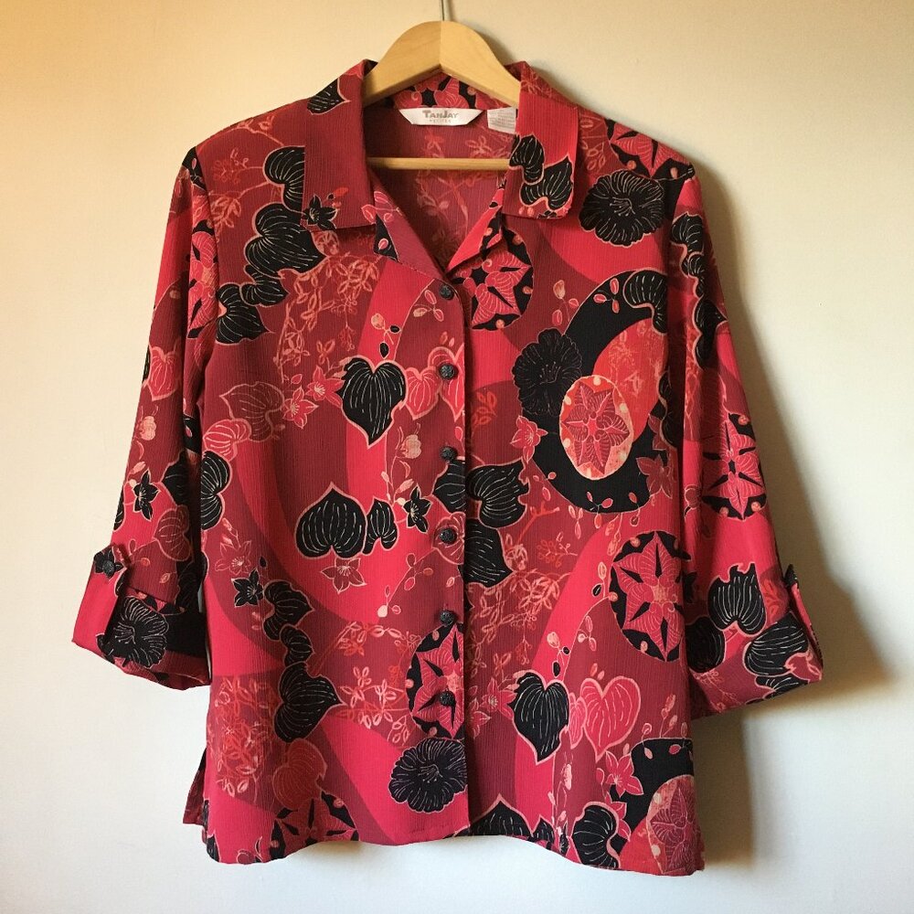 Vintage Casino Core Queen of Hearts & Spades Plisse Button Down Shirt - 10